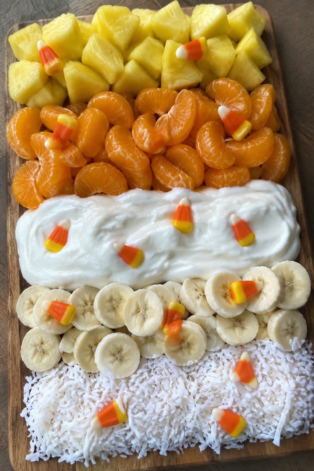 Candy Corn Fruit and Yogurt Charcuterie Board