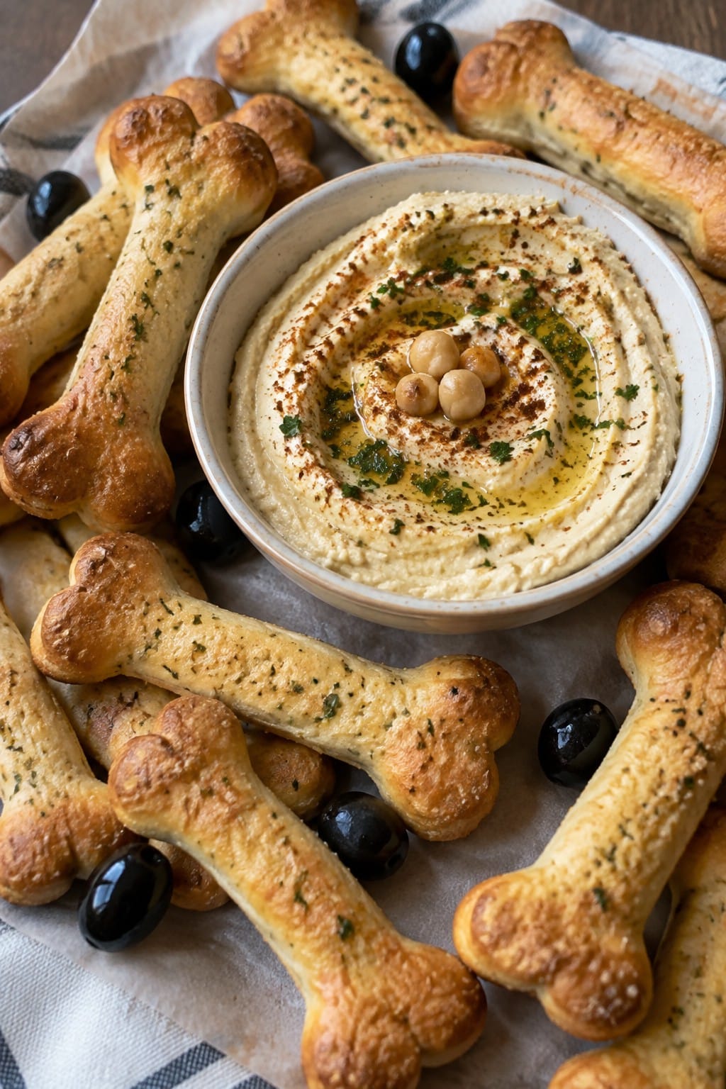 Skeleton Bone Breadstick and Hummus Board