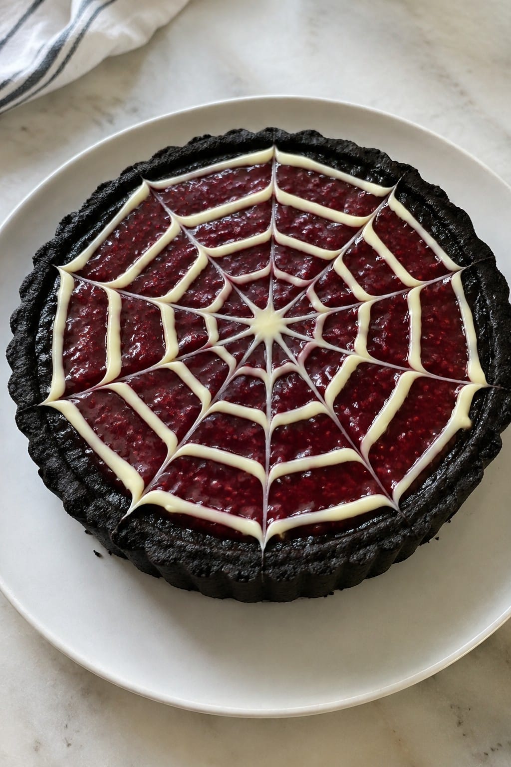 Black Cocoa Spiderweb Tart with Raspberry Filling