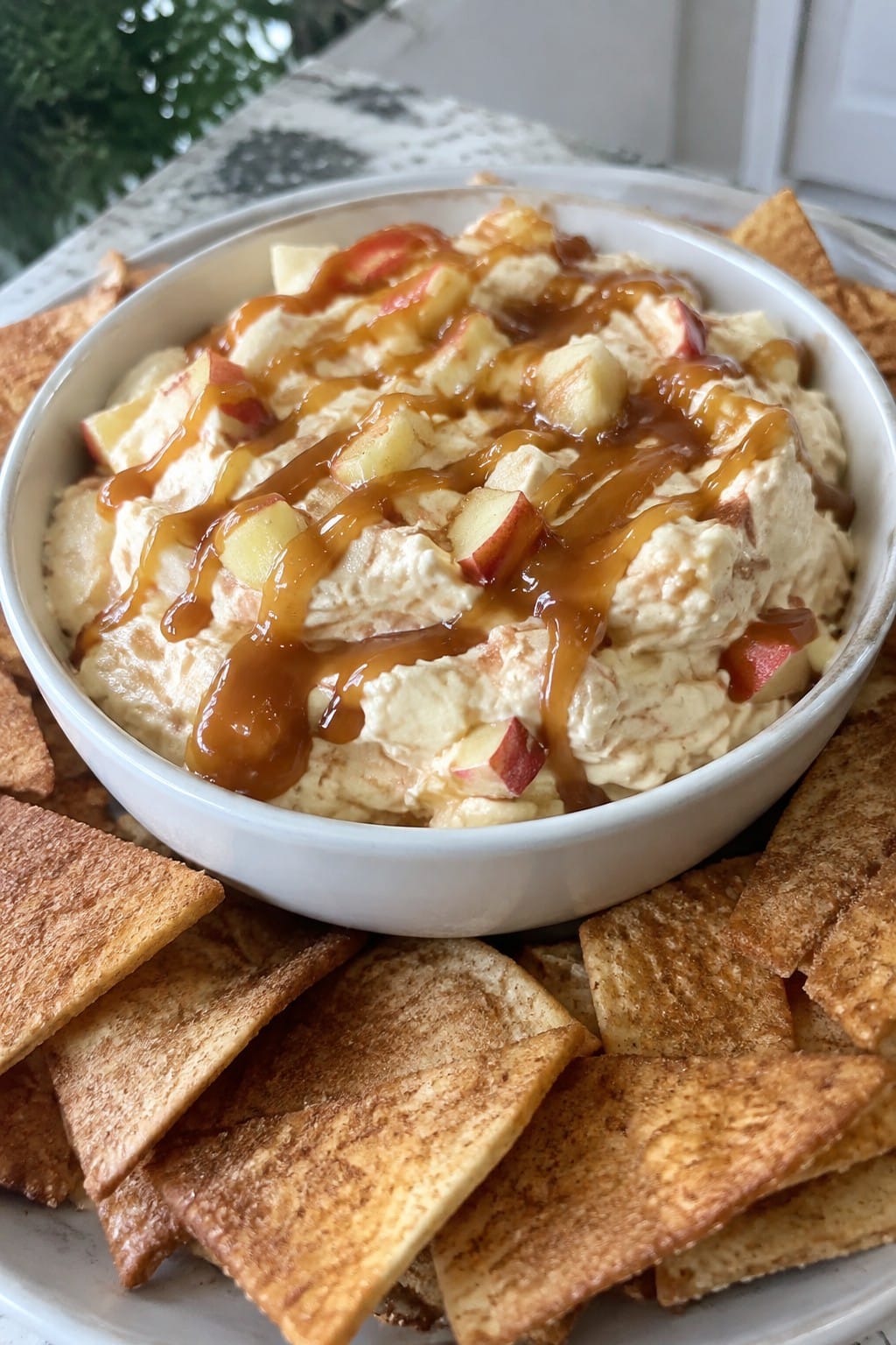 Caramel Apple Cheesecake Dip with Cinnamon Pita Chips
