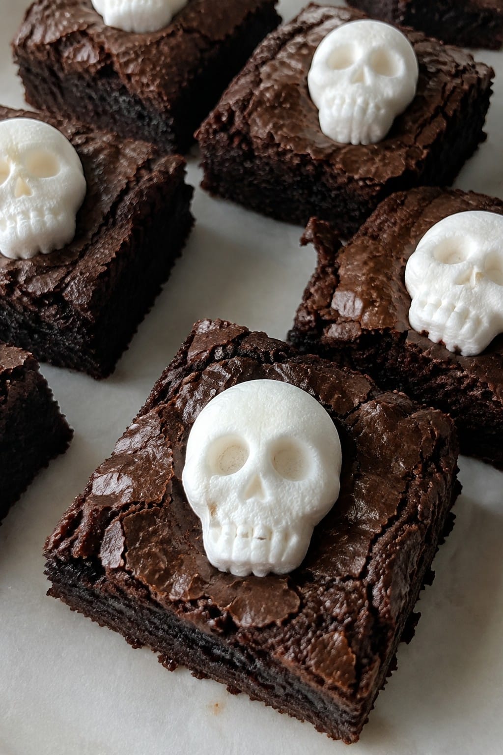 Dark Chocolate Cauldron Brownies with Marshmallow Skulls