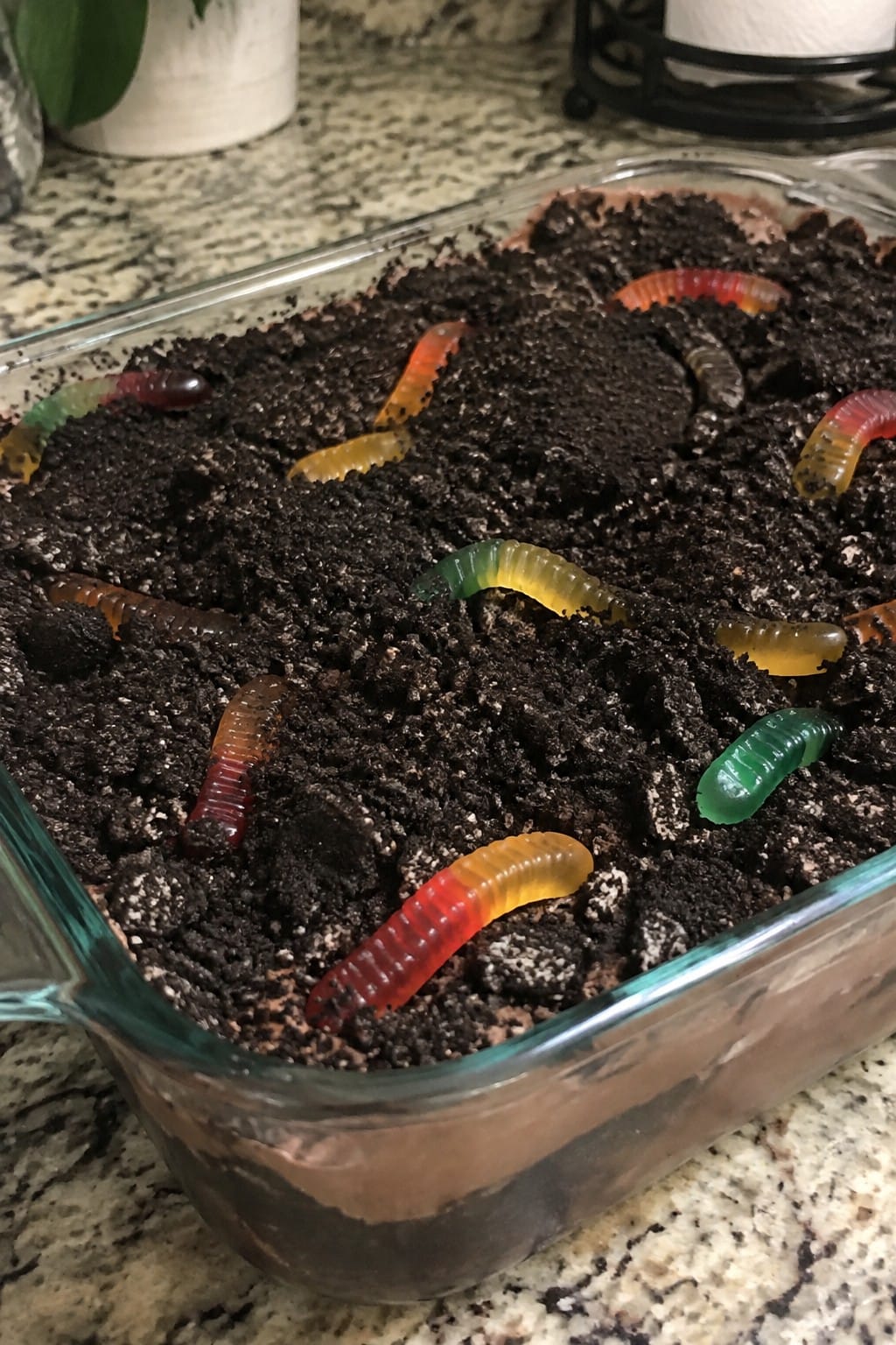 Graveyard Dirt Cake with Oreo Crumbs and Gummy Worms