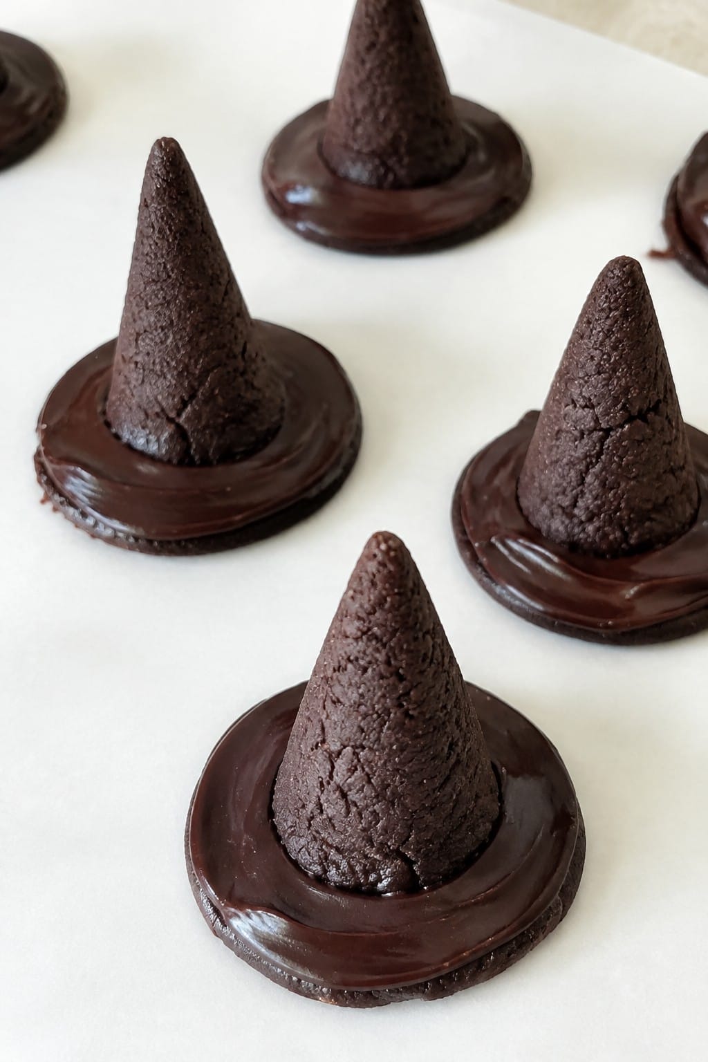 Witch Hat Chocolate Cookies with Ganache Brims