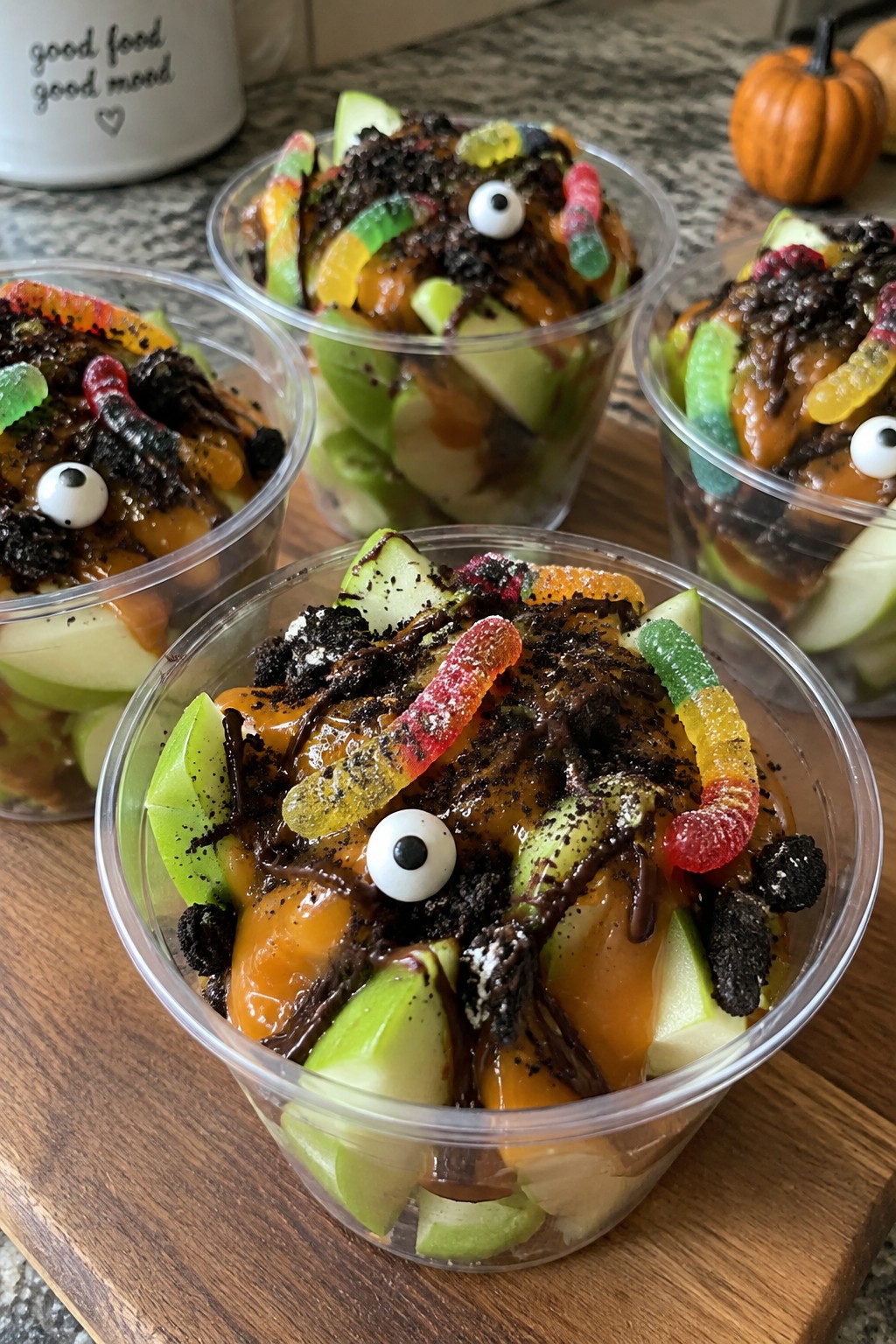 Caramel Apple Nacho Cups with Spooky Toppings