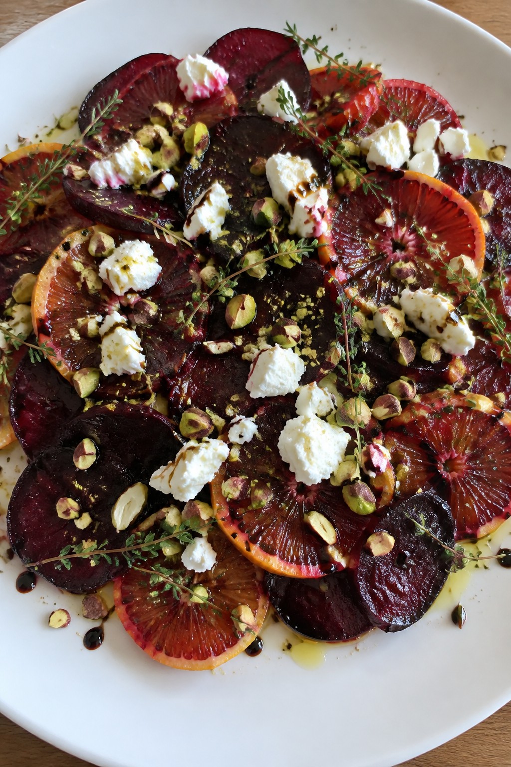 Blood Orange and Beet Carpaccio with Goat Cheese and Pistachios