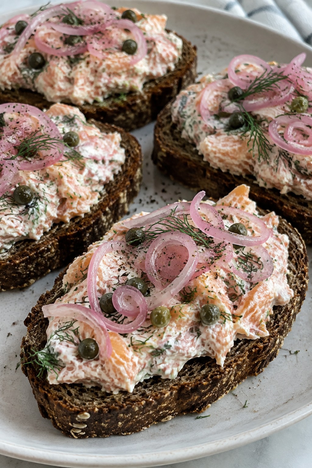 Smoked Salmon Rillettes on Rye with Pickled Shallots