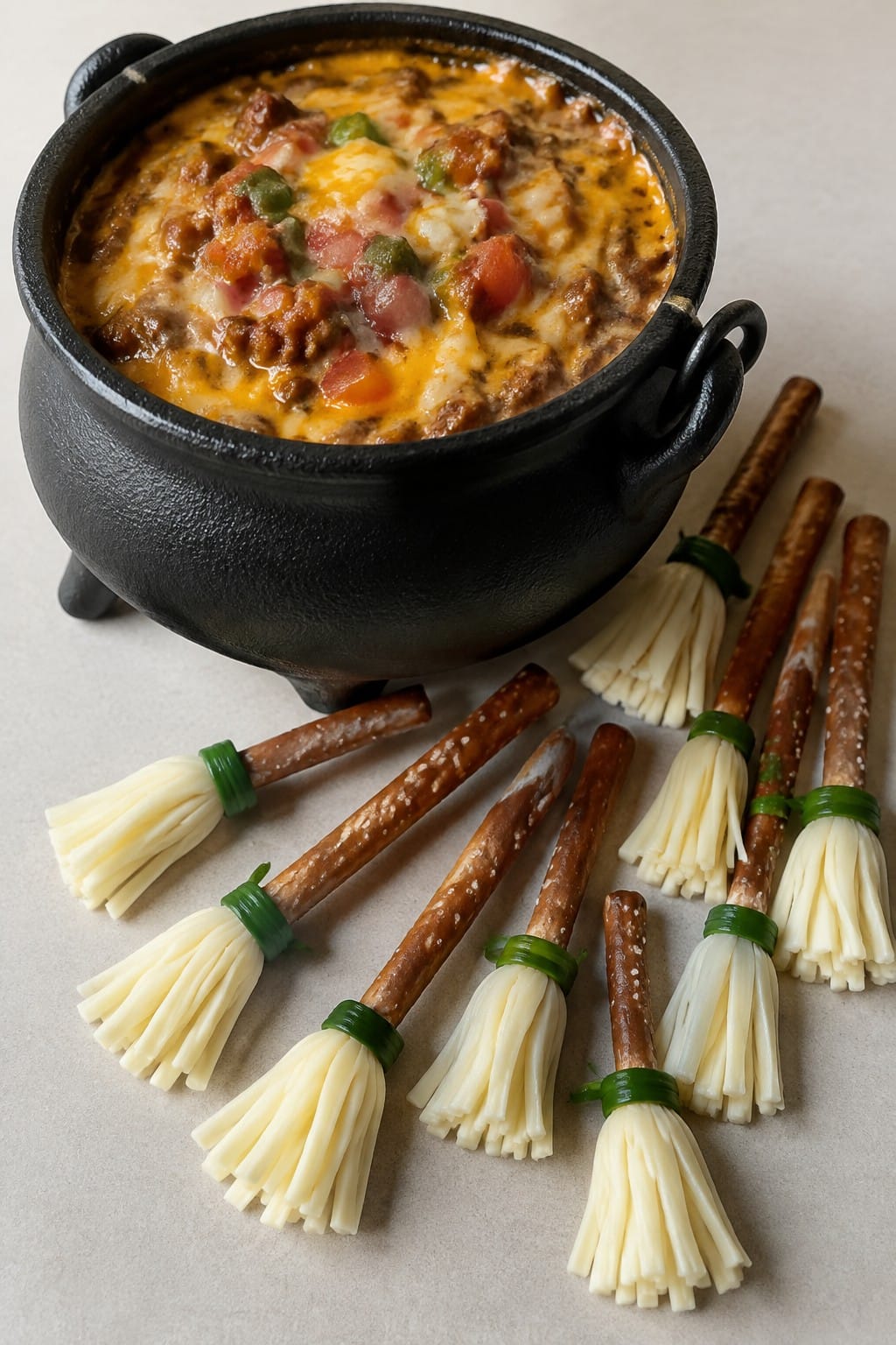 Cauldron Queso Fundido with Pretzel Broomsticks