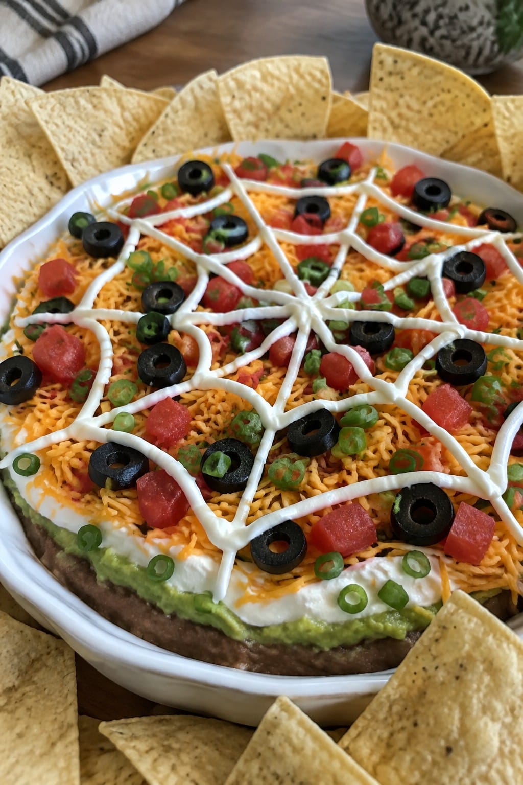 Spiderweb Seven-Layer Dip with Tortilla Chips