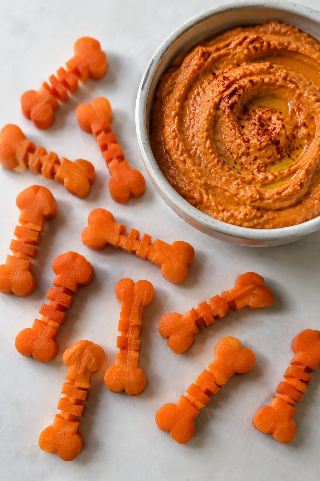 Carrot Skeleton Bones with Roasted Red Pepper Hummus Dip