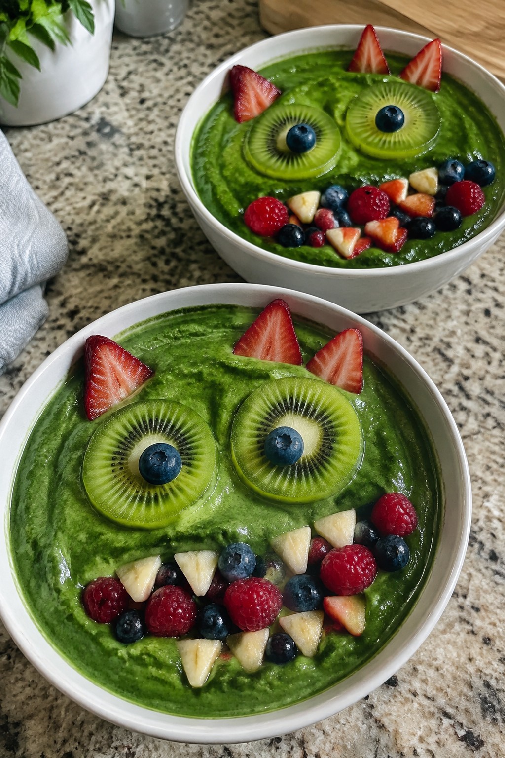 Monster Green Smoothie Bowls Topped with Kiwi and Berries