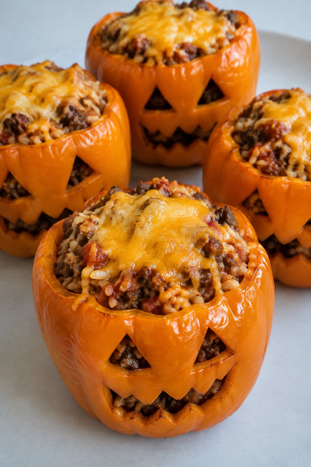 Jack-O’-Lantern Beef and Rice Stuffed Peppers