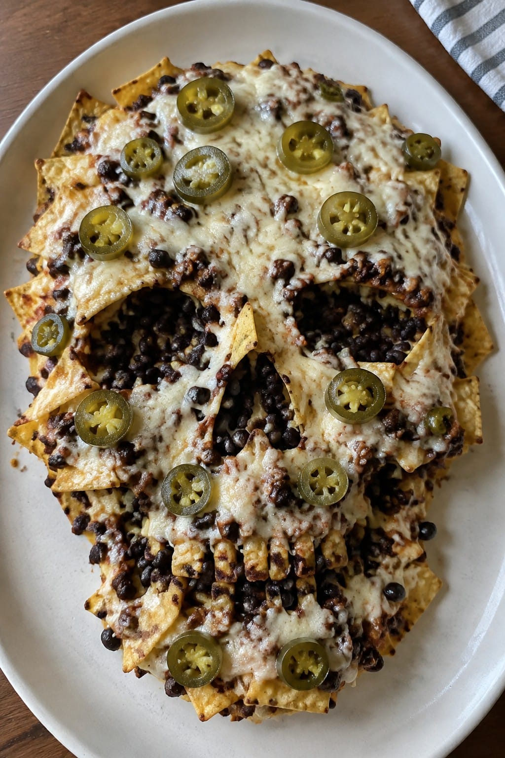 Layered Black Bean Skull Nachos with Queso and Pickled Jalapeños