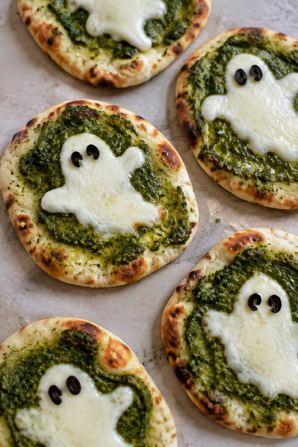 Pesto Mozzarella Ghost Pizzette on Mini Flatbreads