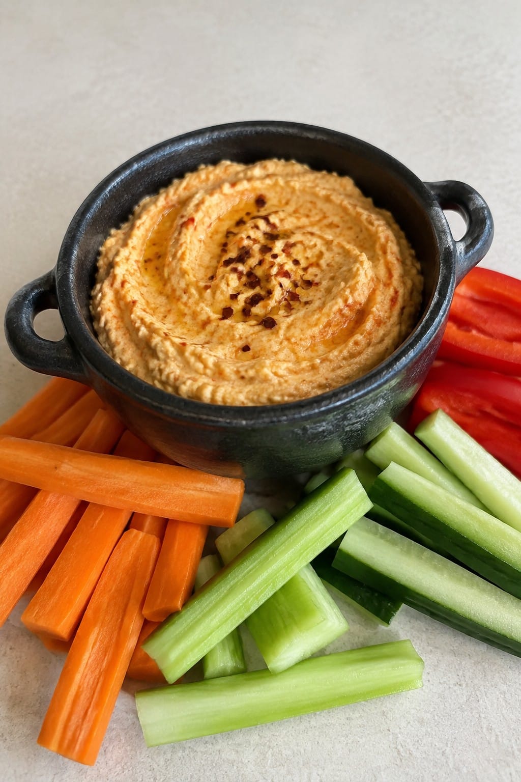 Roasted Red Pepper Hummus Cauldron with Crudité Dippers