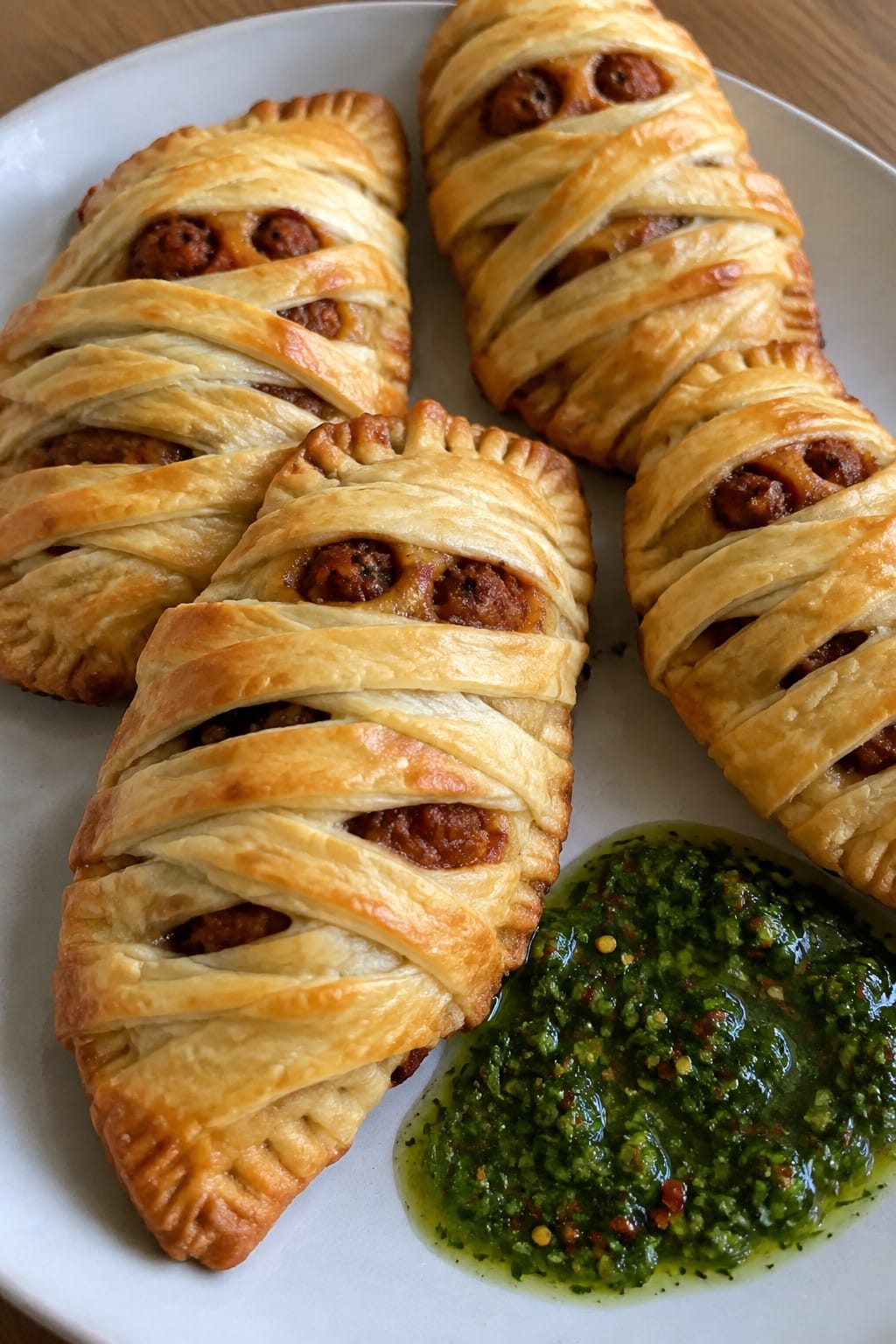 Spicy Chorizo Mummy Empanadas with Chimichurri
