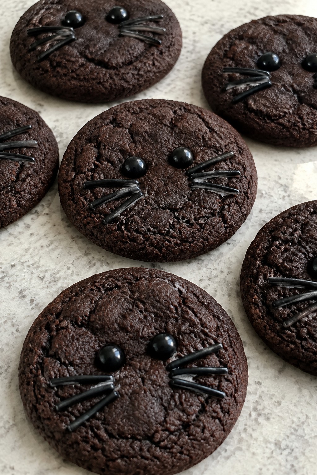 Black Cat Cocoa Cookies with Candy Eyes and Whiskers