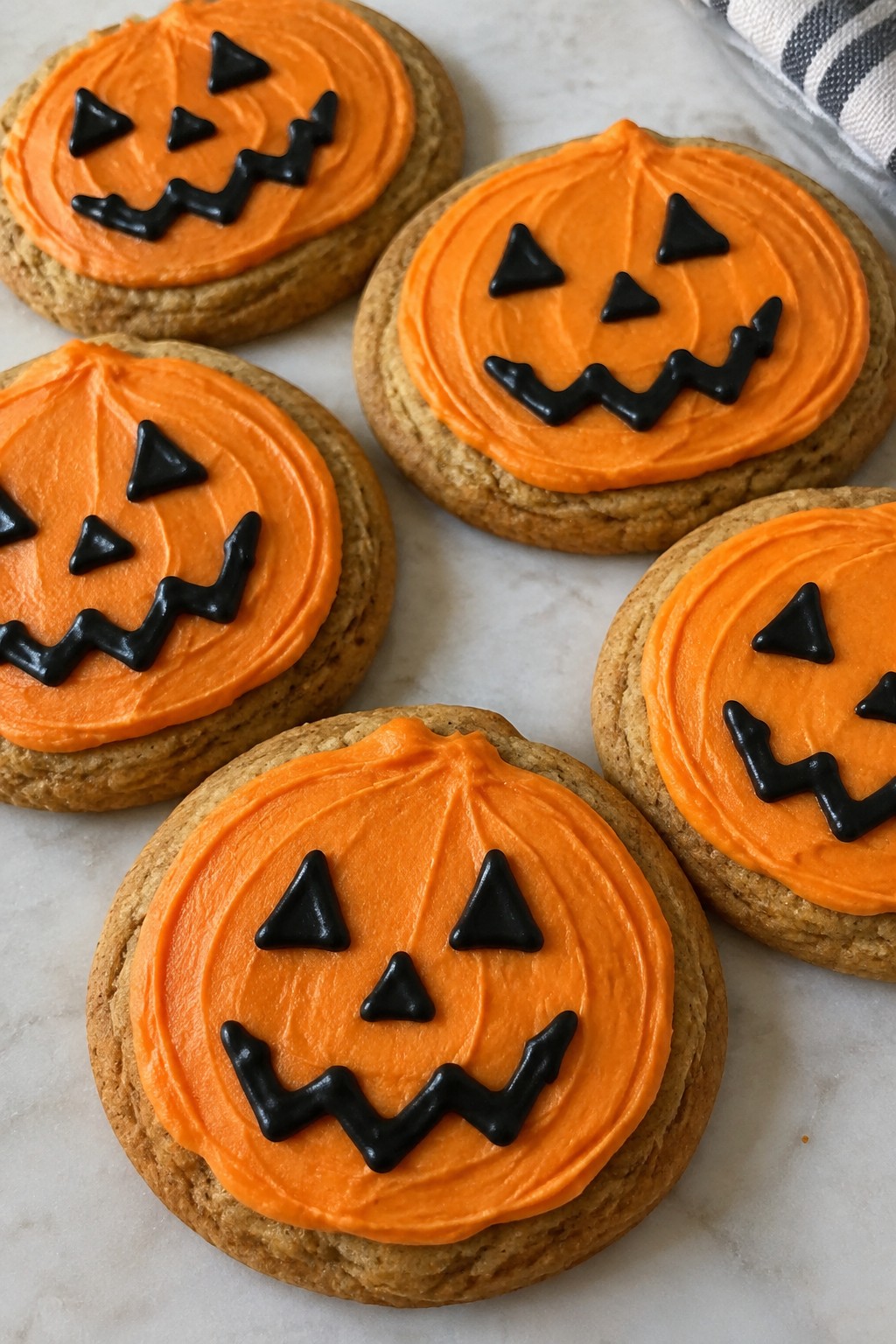 Jack-O'-Lantern Pumpkin Spice Cookies with Piped Icing