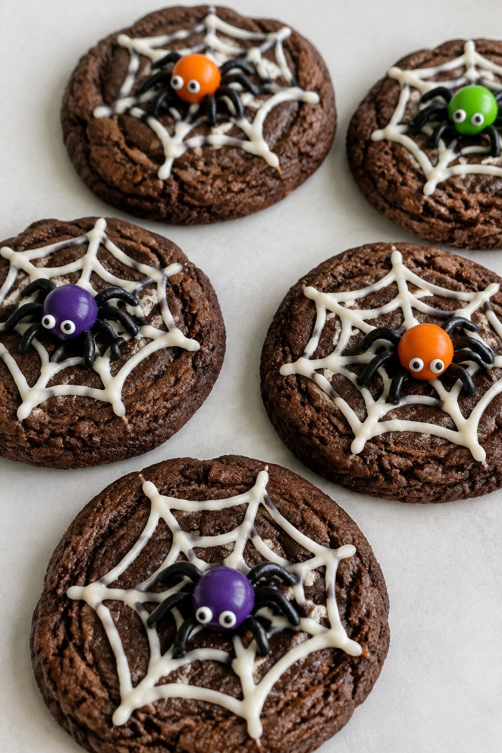 Spiderweb Chocolate Cookies with Candy Spider Toppers