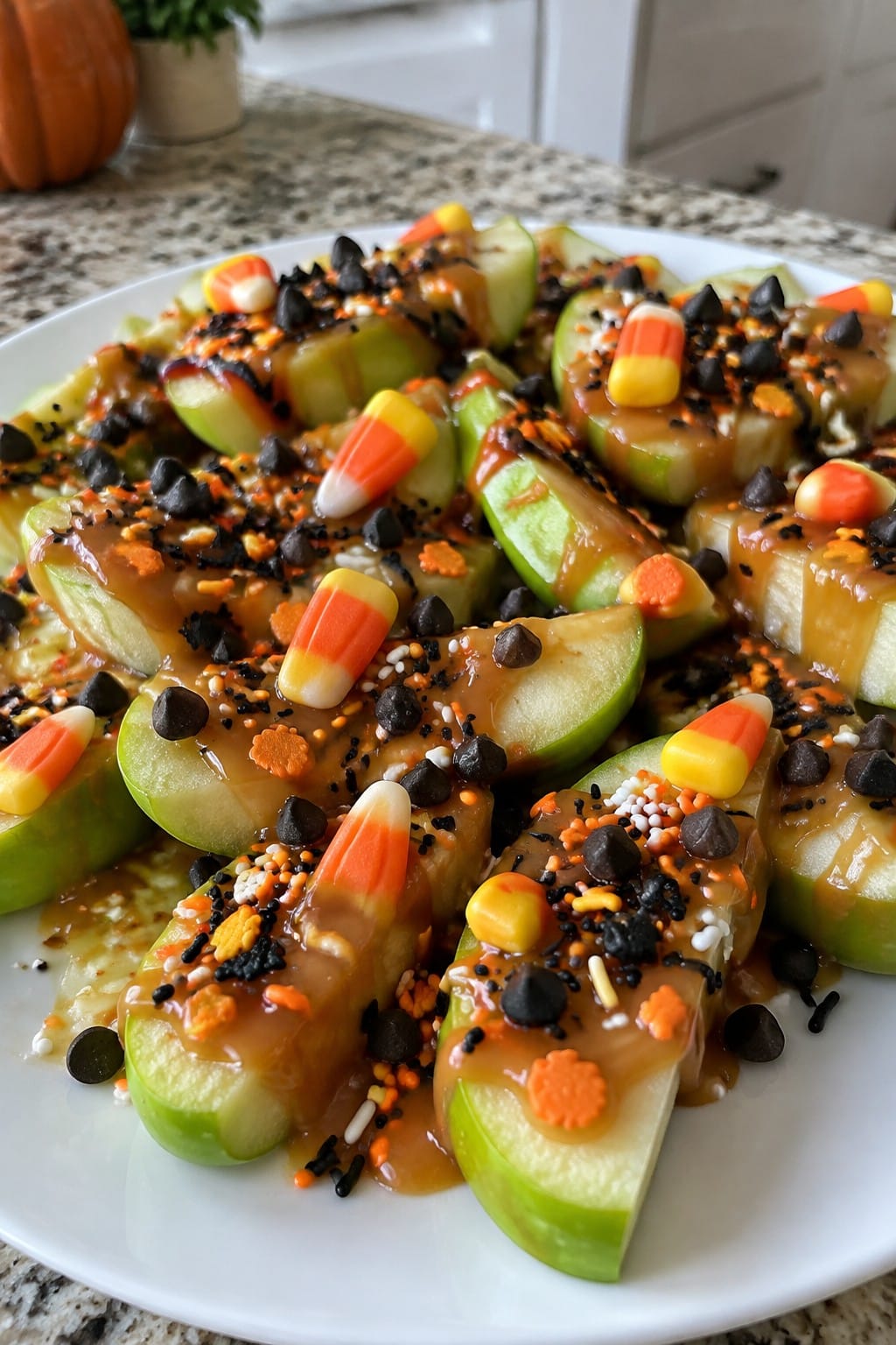 Caramel Apple Nachos with Candy Toppings