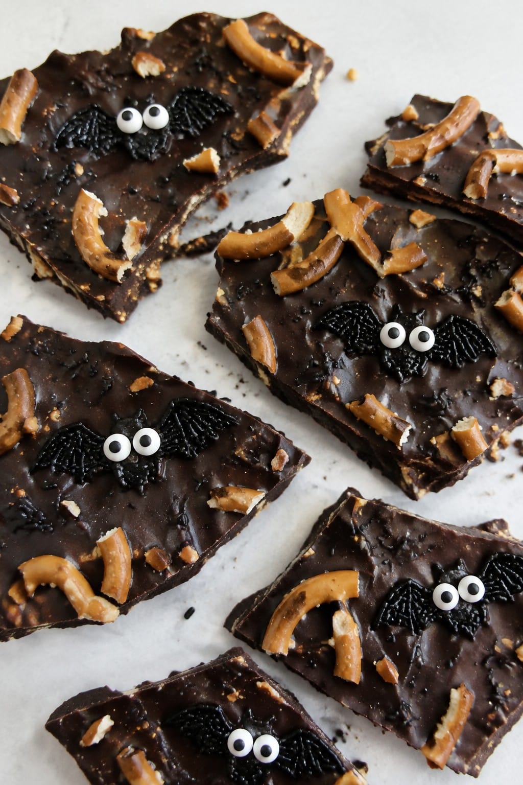 Spooky Bat Chocolate Bark with Pretzels