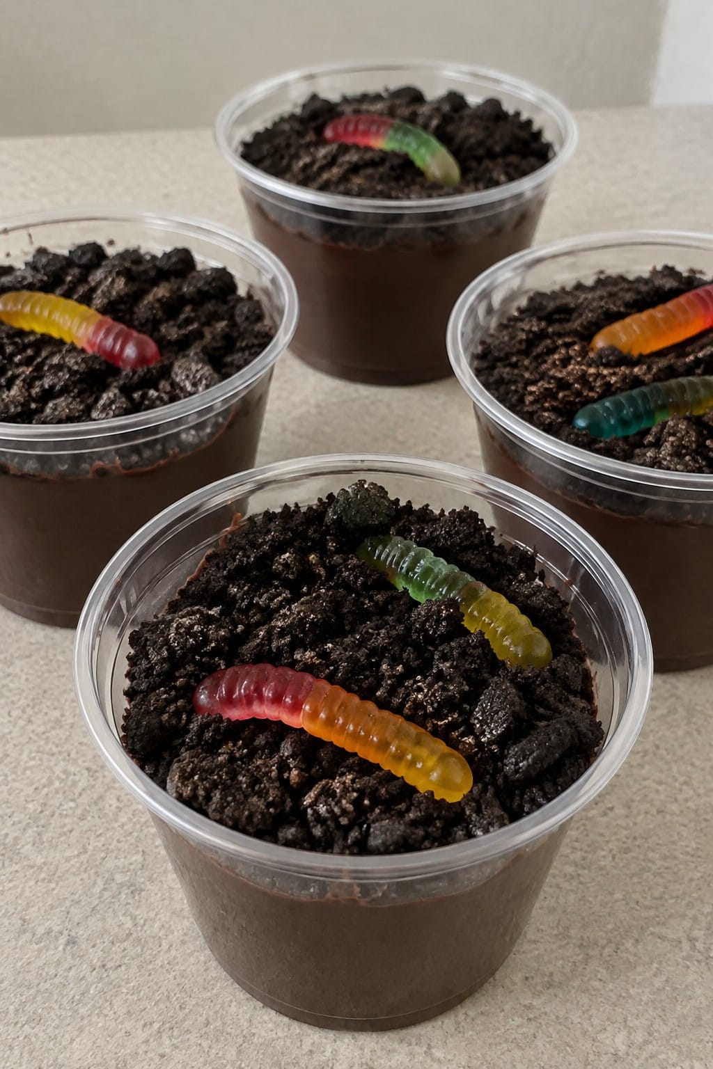 Graveyard Dirt Pudding Cups with Oreo Crumbs and Gummy Worms