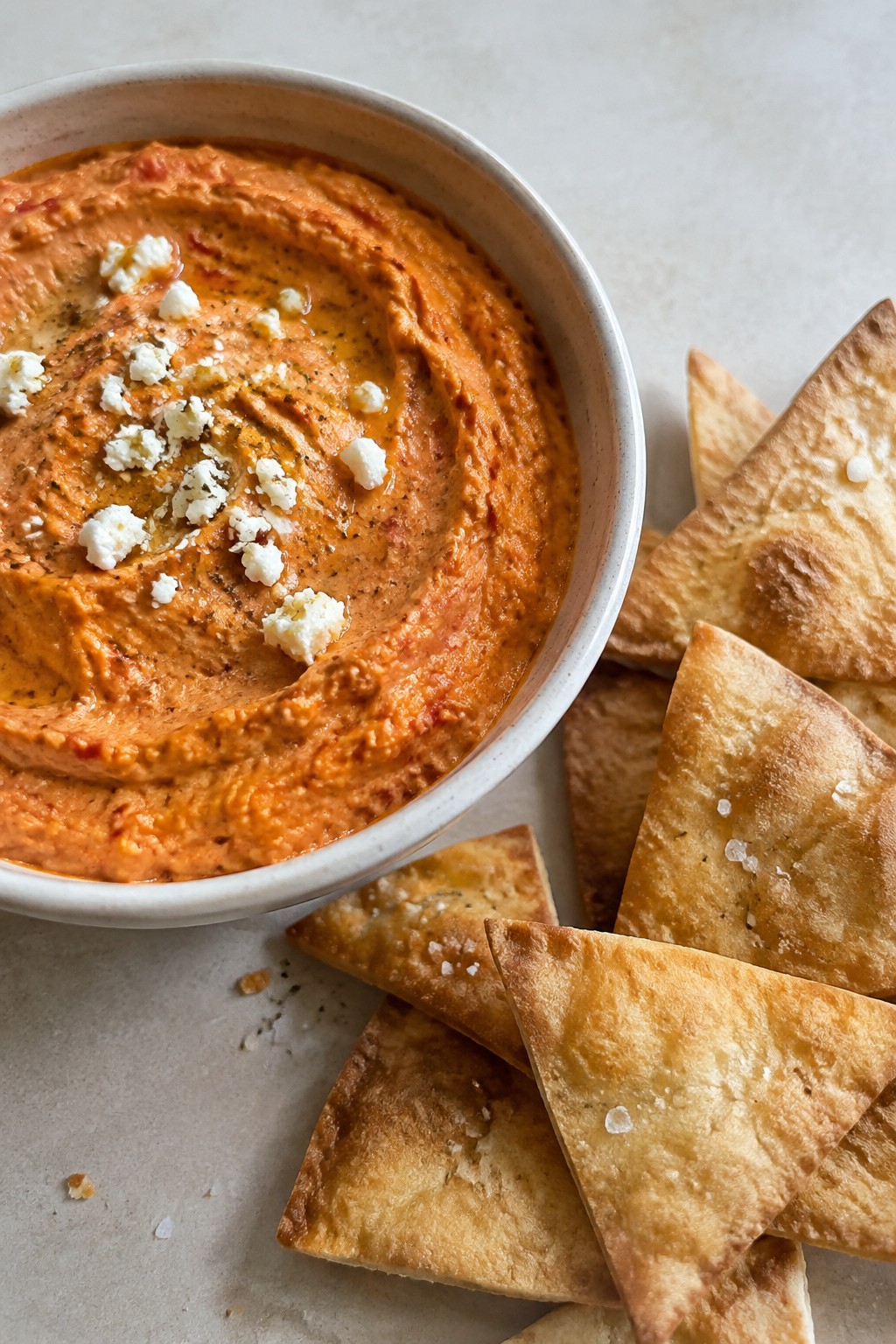 Roasted Red Pepper and Feta Dip with Pita Chips