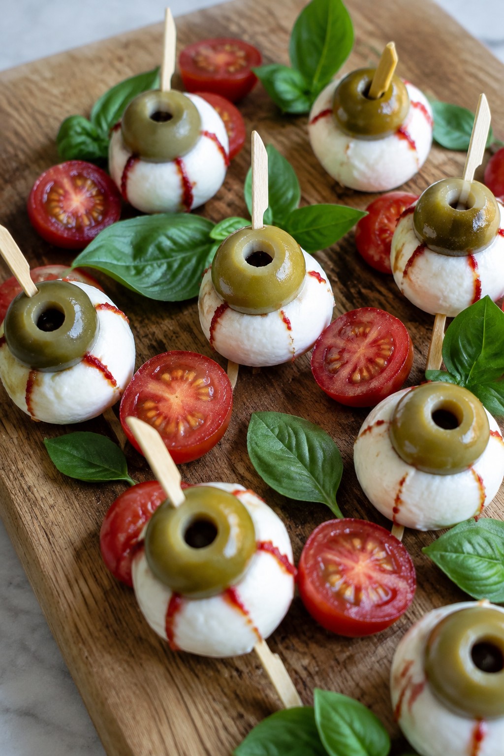 Monster Eyeball Mozzarella and Olive Skewers Board