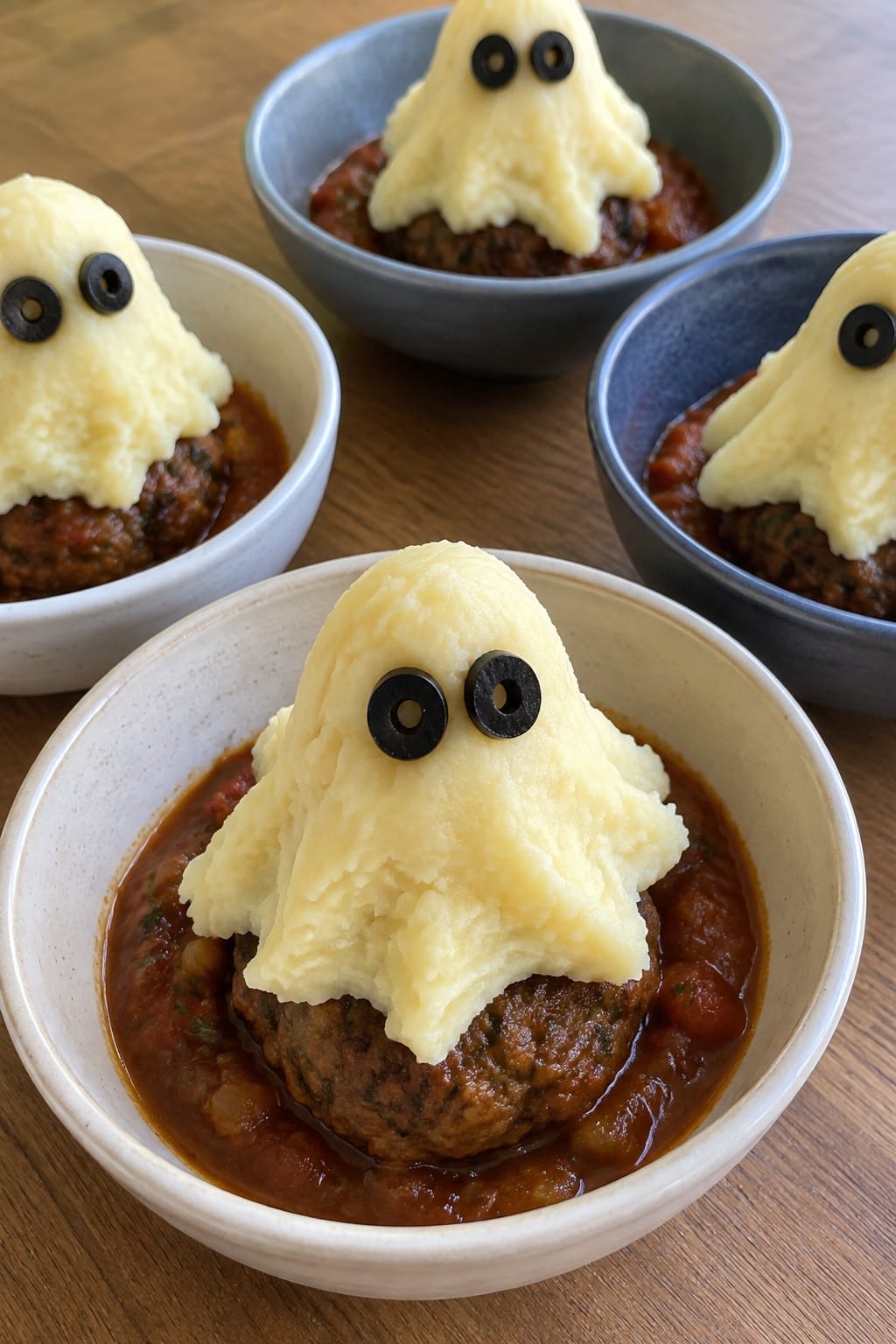 Ghostly Mashed Potato Bowls with Meatballs