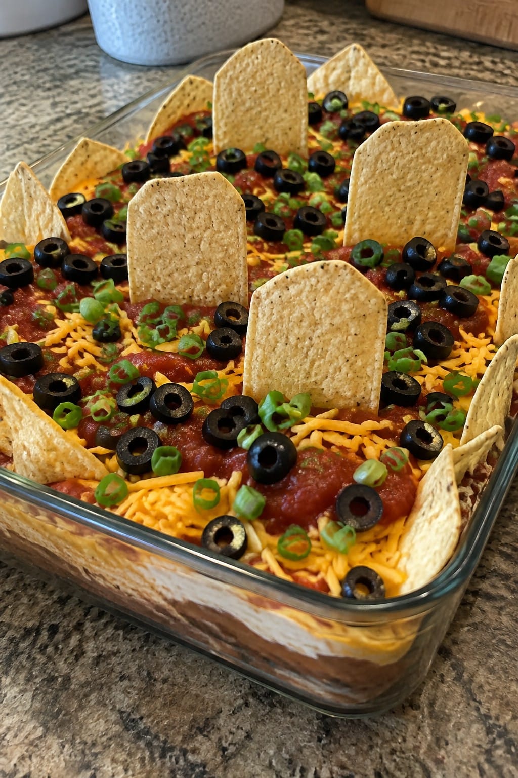 Graveyard Taco Layer Dip with Tortilla Chips