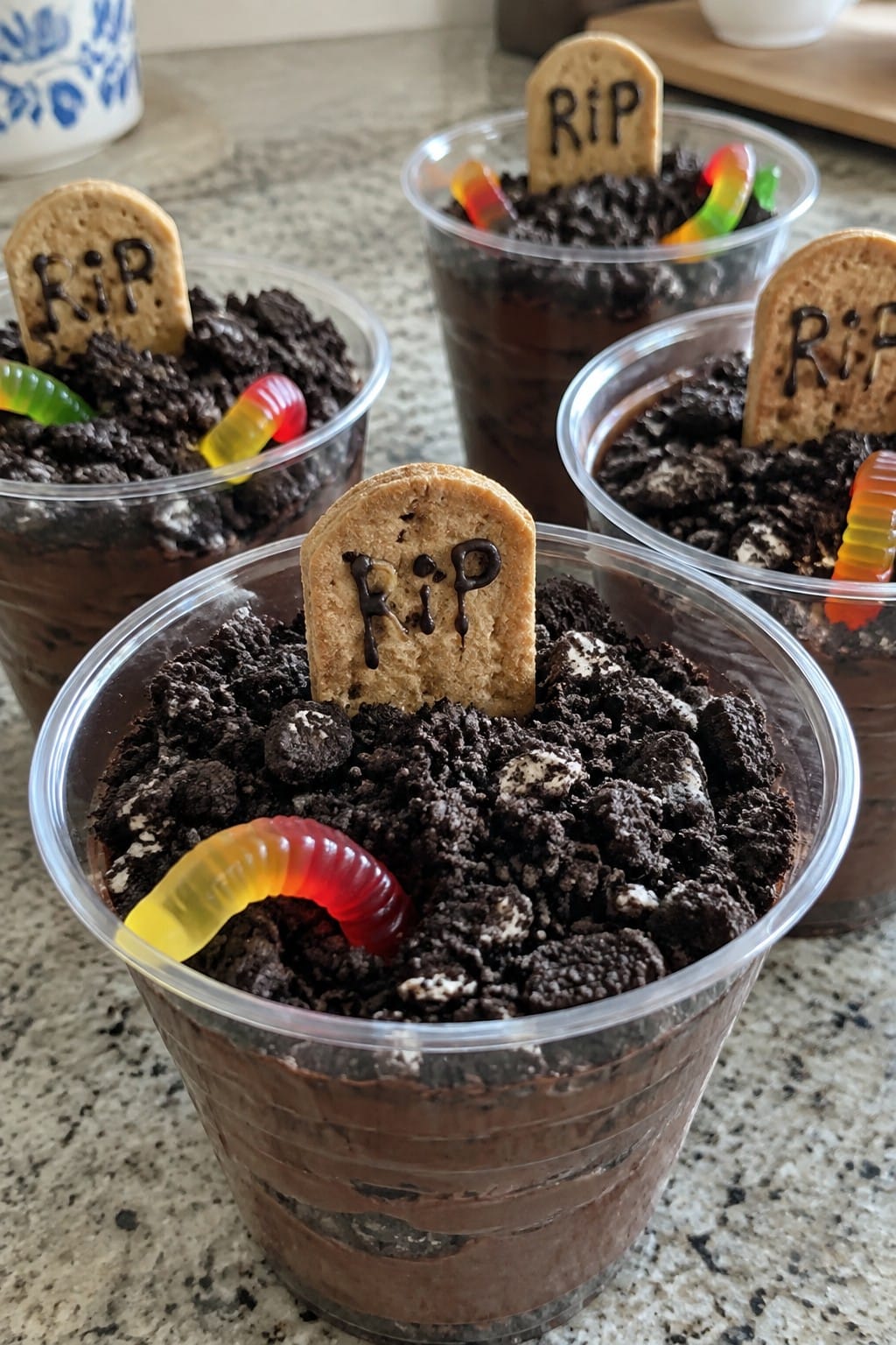 Graveyard Dirt Pudding Cups with Gummy Worms