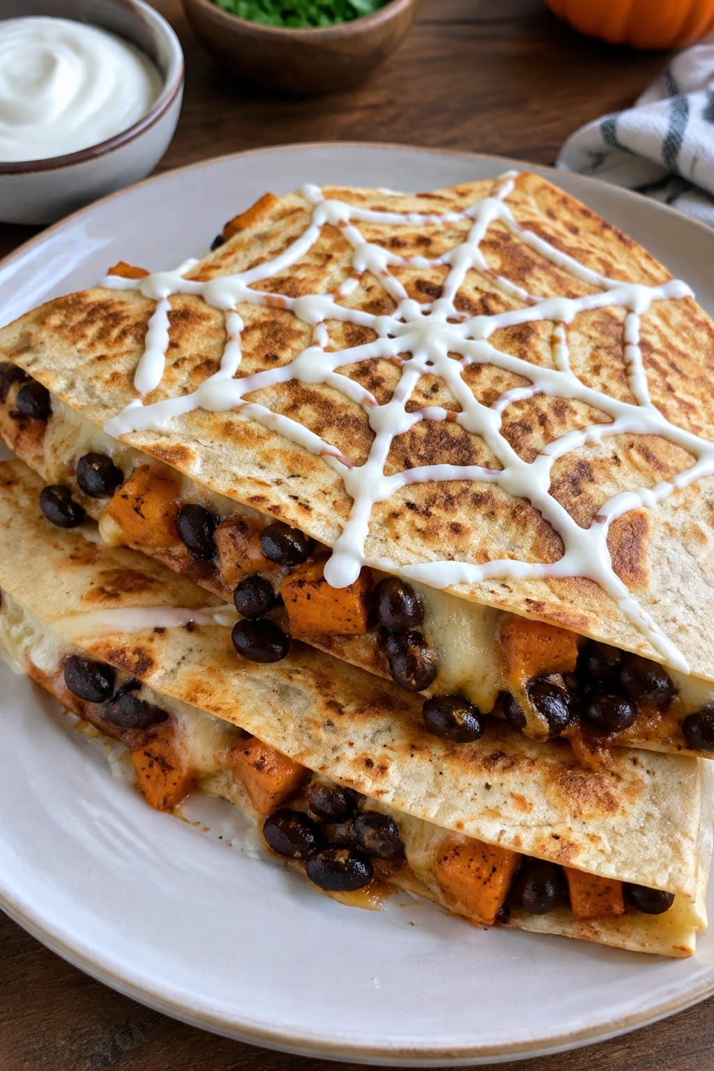 Spiderweb Black Bean and Sweet Potato Quesadillas