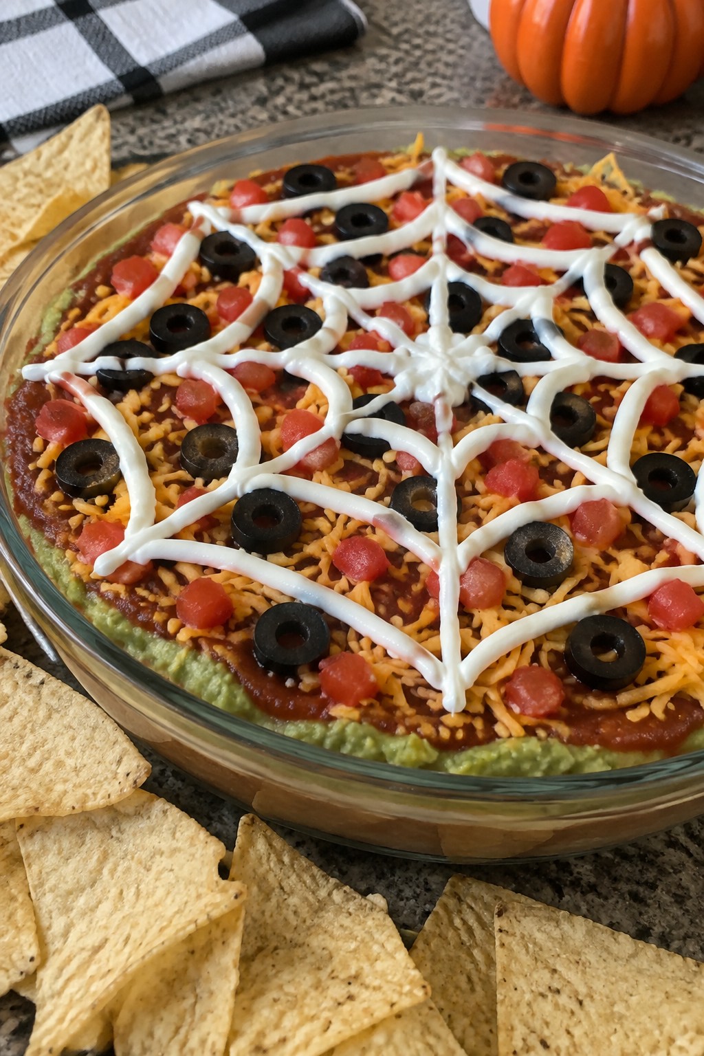 Spiderweb Seven-Layer Dip with Tortilla Chips
