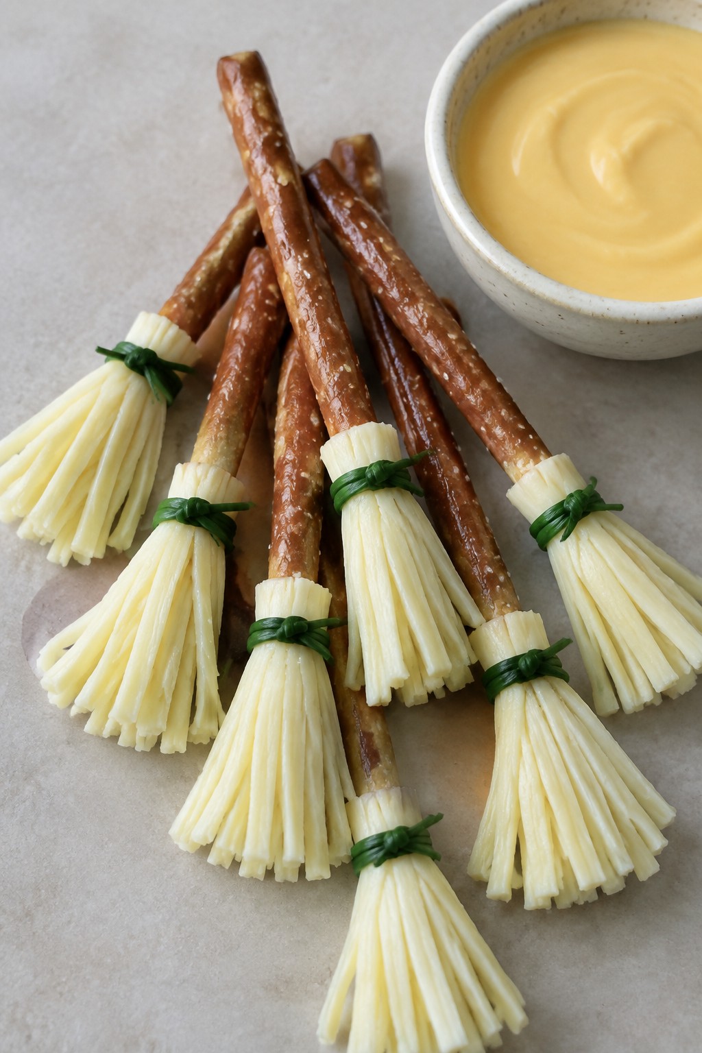 Witch's Broomstick Pretzel Rods with Cheese Dip