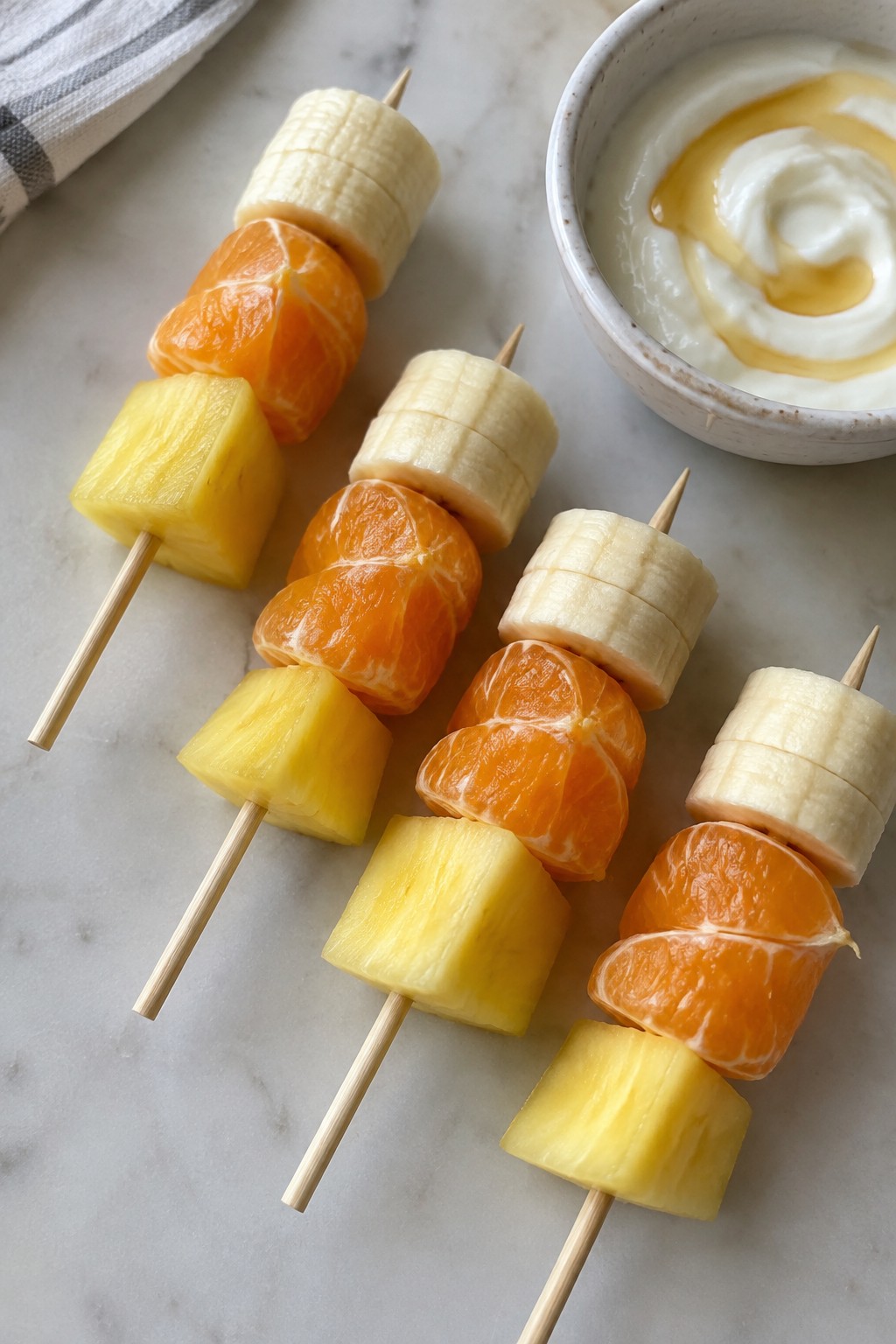 Candy Corn Fruit Skewers with Yogurt Dip