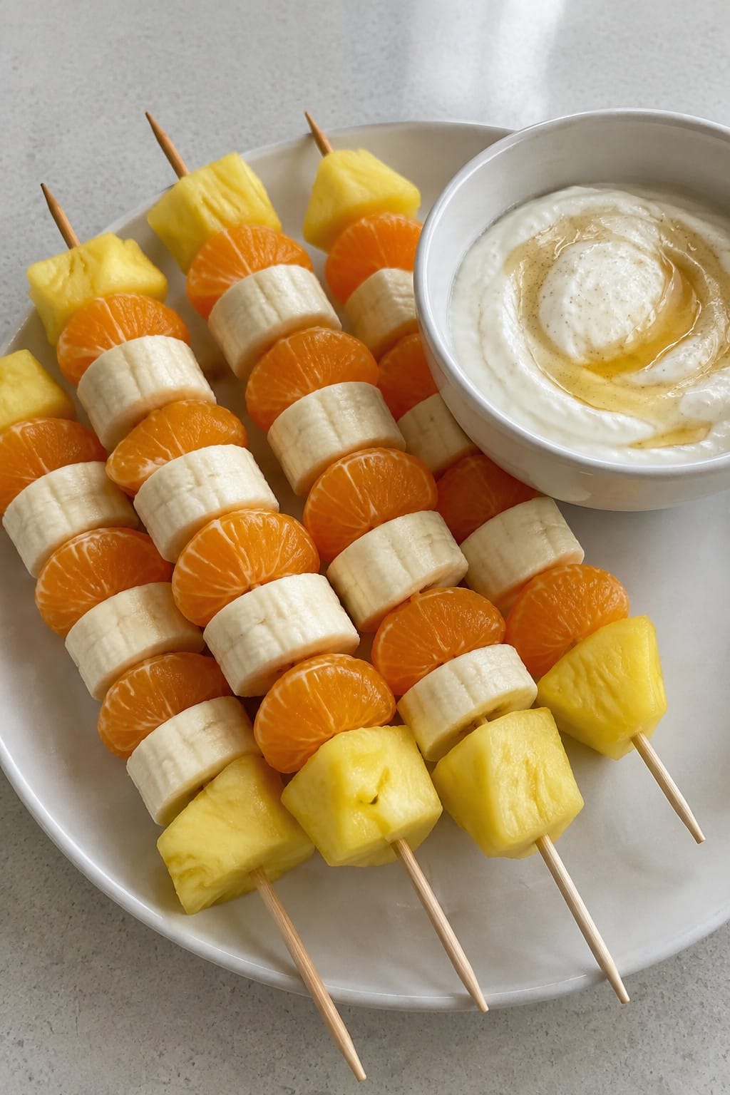 Candy Corn Fruit Skewers with Yogurt Dip