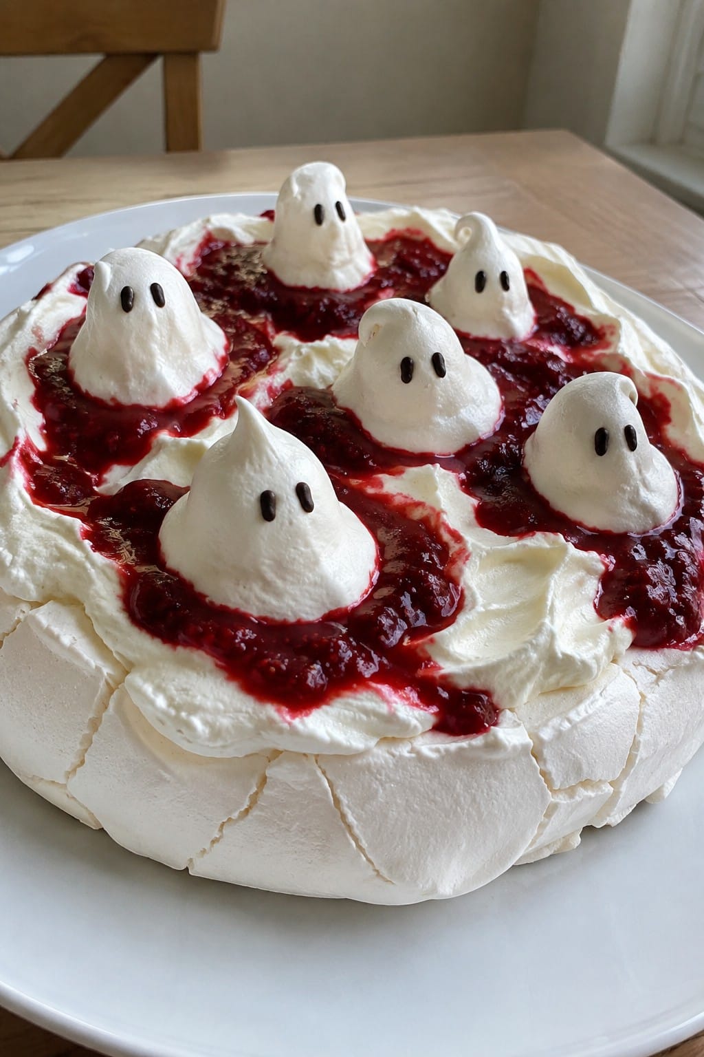 Ghostly Meringue Pavlova with Berry Coulis