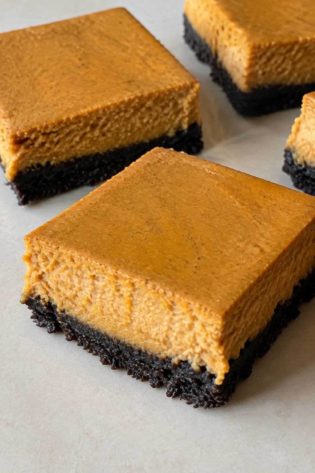 Pumpkin Spice Cheesecake Bars with Black Cocoa Crust