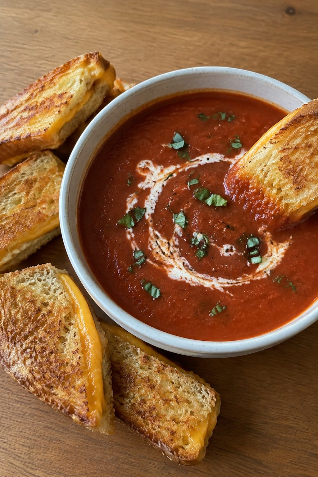 Bloody Tomato Basil Soup with Grilled Cheese Dippers