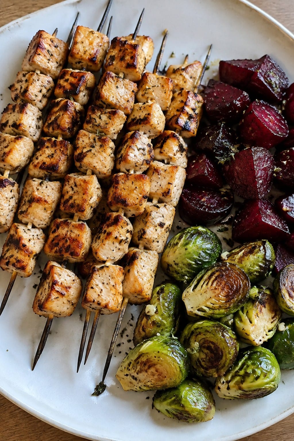Grilled Chicken Skewers with Roasted Beets and Brussels Sprouts