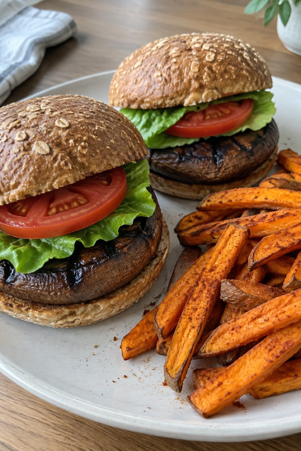 Grilled Portobello Mushroom Burgers with Sweet Potato Fries