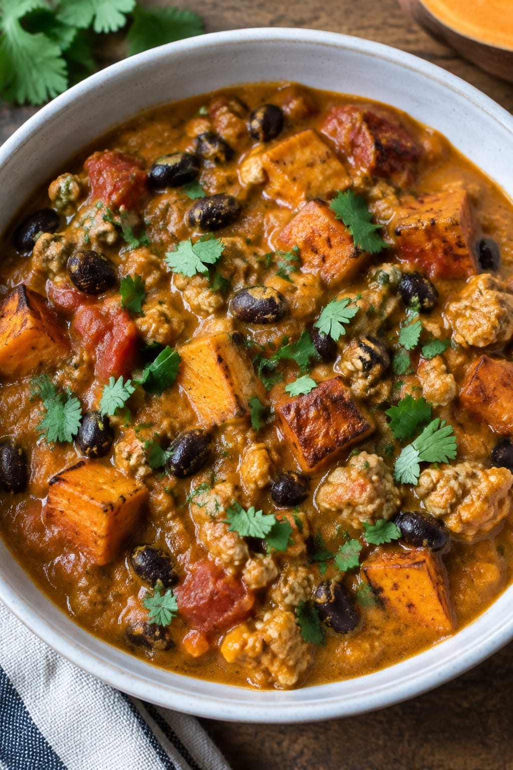 Pumpkin Turkey Chili with Roasted Sweet Potatoes