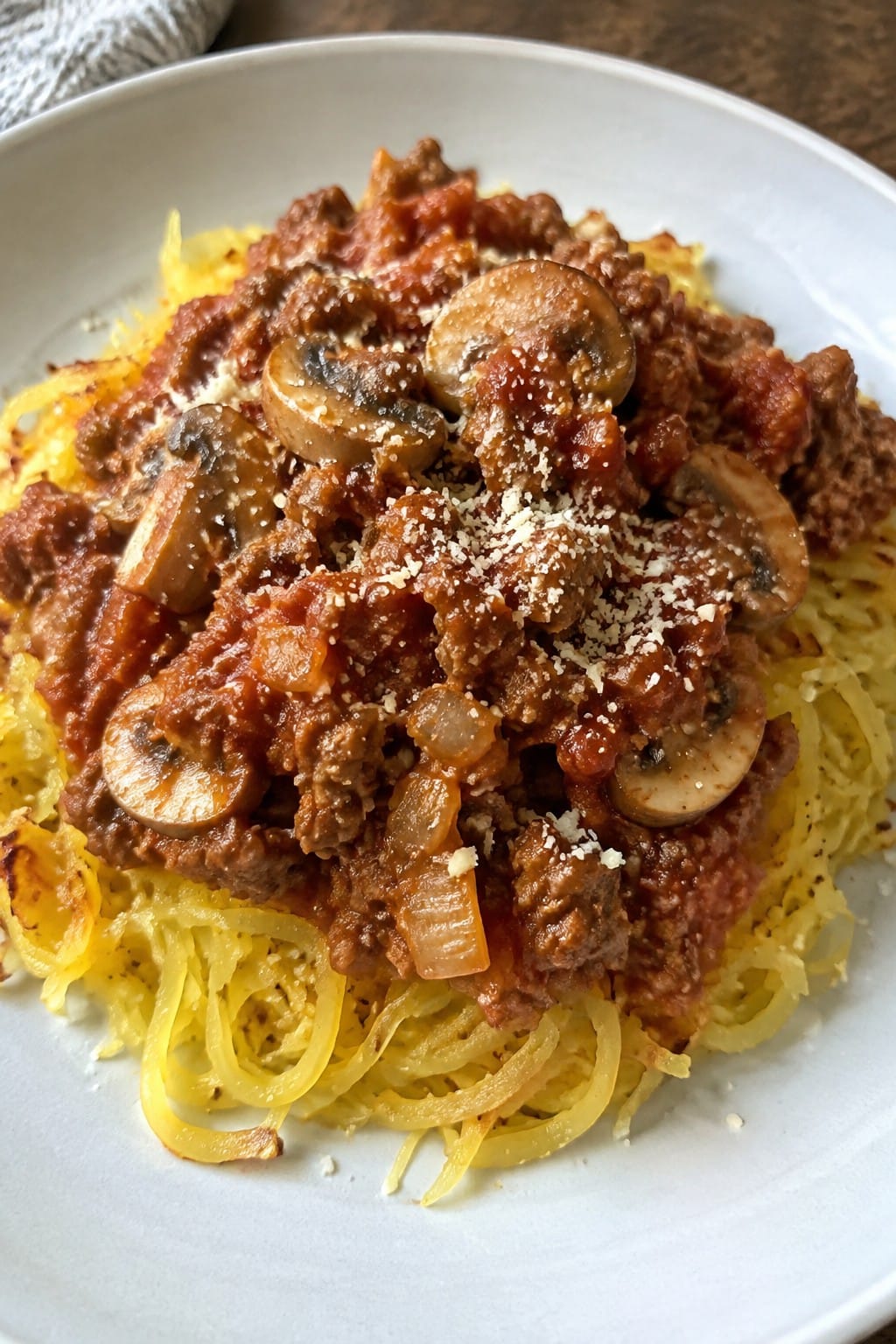 Spaghetti Squash with Lean Beef Bolognese and Mushrooms