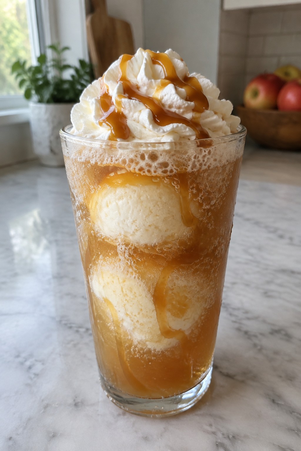 Creamy Caramel Apple Float Topped with Whipped Cream