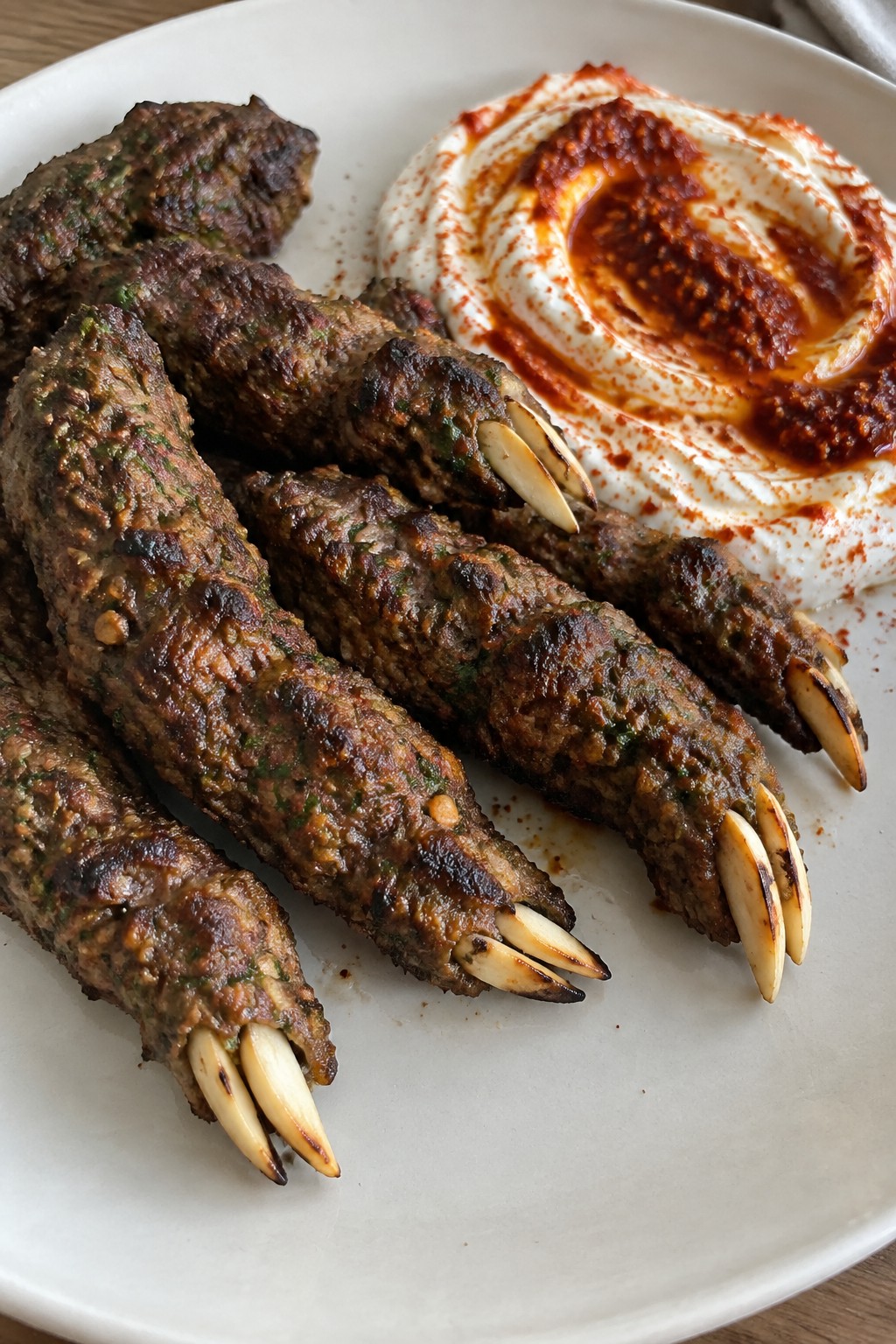Werewolf Claw Spiced Lamb Kofta with Harissa Yogurt