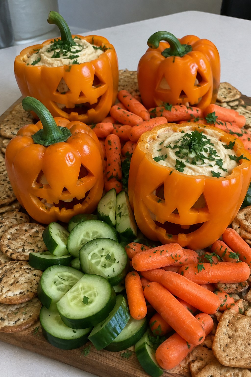Jack-O’-Lantern Orange Pepper and Dip Board