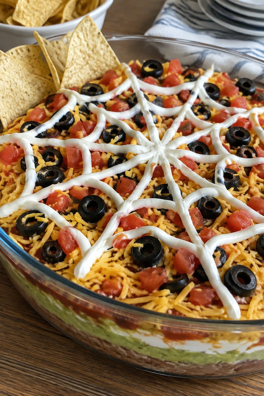 Spiderweb Seven-Layer Taco Dip with Tortilla Chips