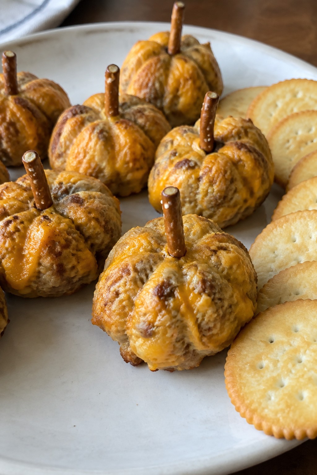 Pumpkin-Shaped Sausage Cheese Balls with Crackers