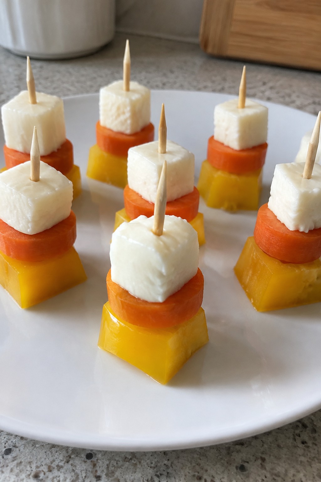 Candy Corn Veggie and Cheese Stacks
