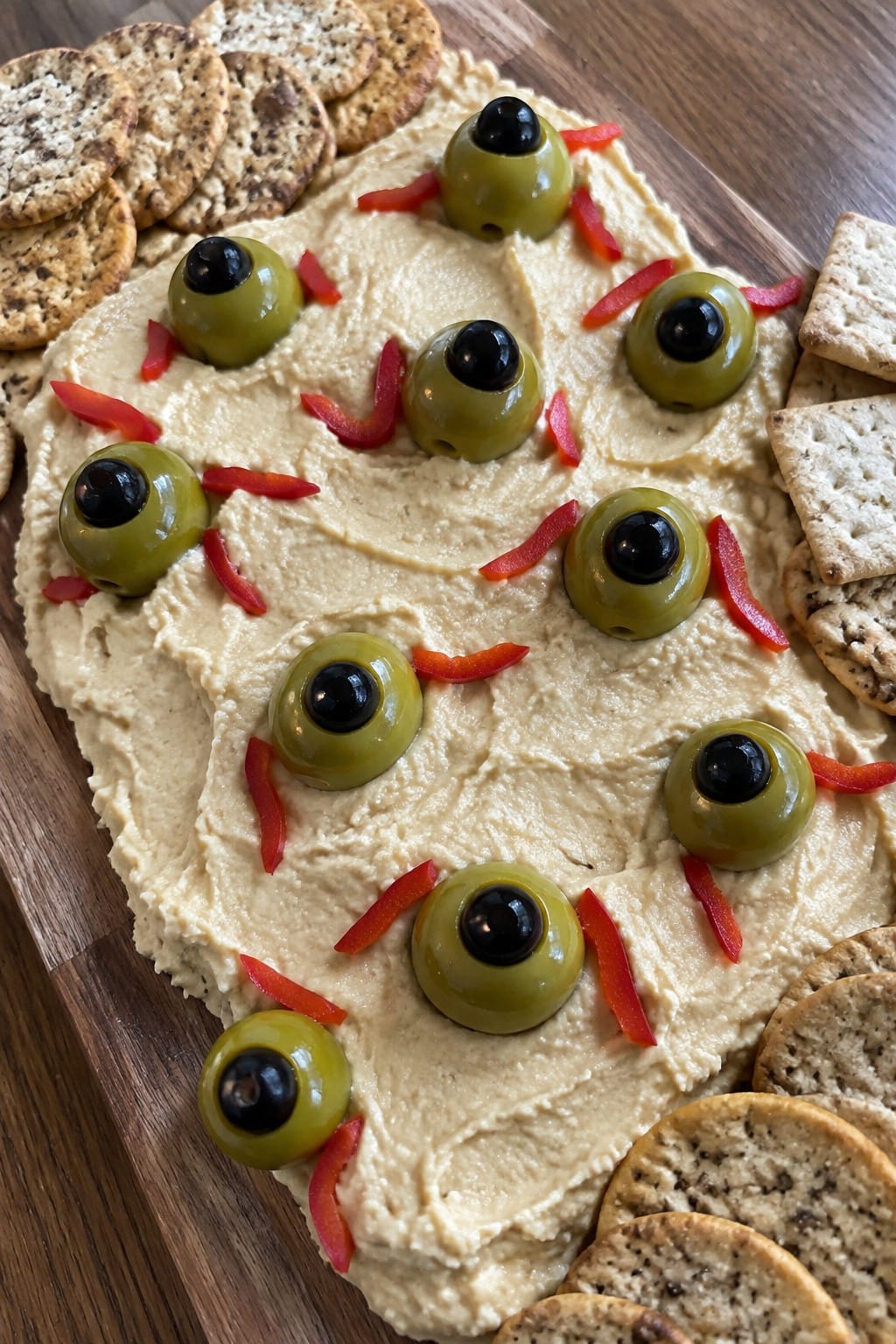 Monster Eyeball Olive and Hummus Board
