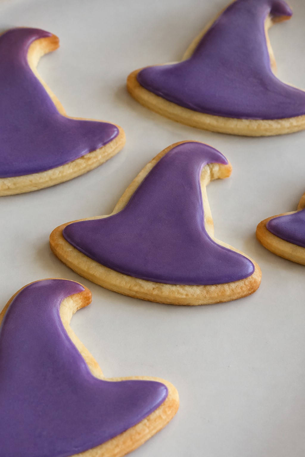 Witch Hat Shortbread Cookies with Purple Icing